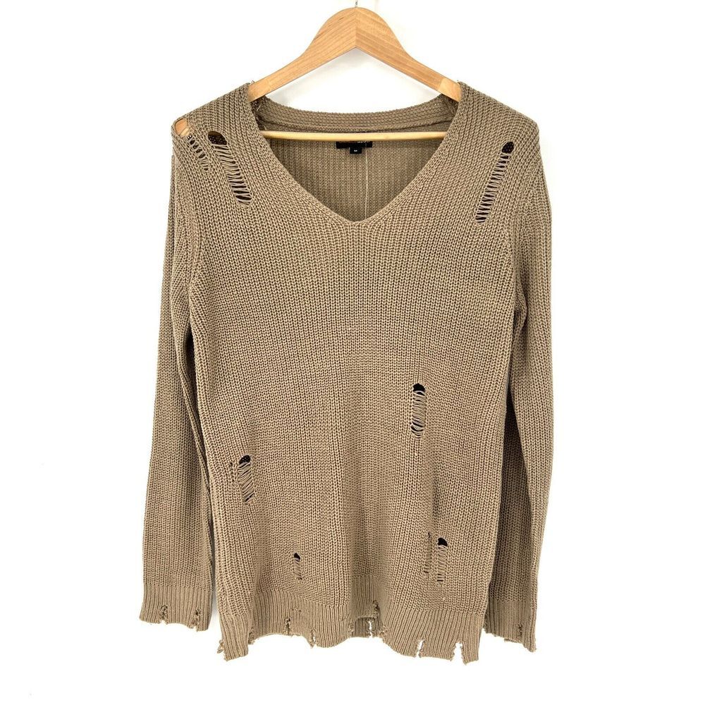 FOREVER 21 AMBIANCE APPAREL Sweater Womens Size M Tan‎ Distressed V-Neck Chunky